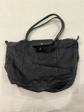 Longchamp Black Leather Fold-Over Tote